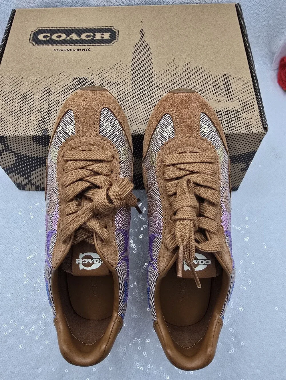 Coach Pastel Crystal Signature Jacquard suede Leather Streamlined Sneaker Sz 5